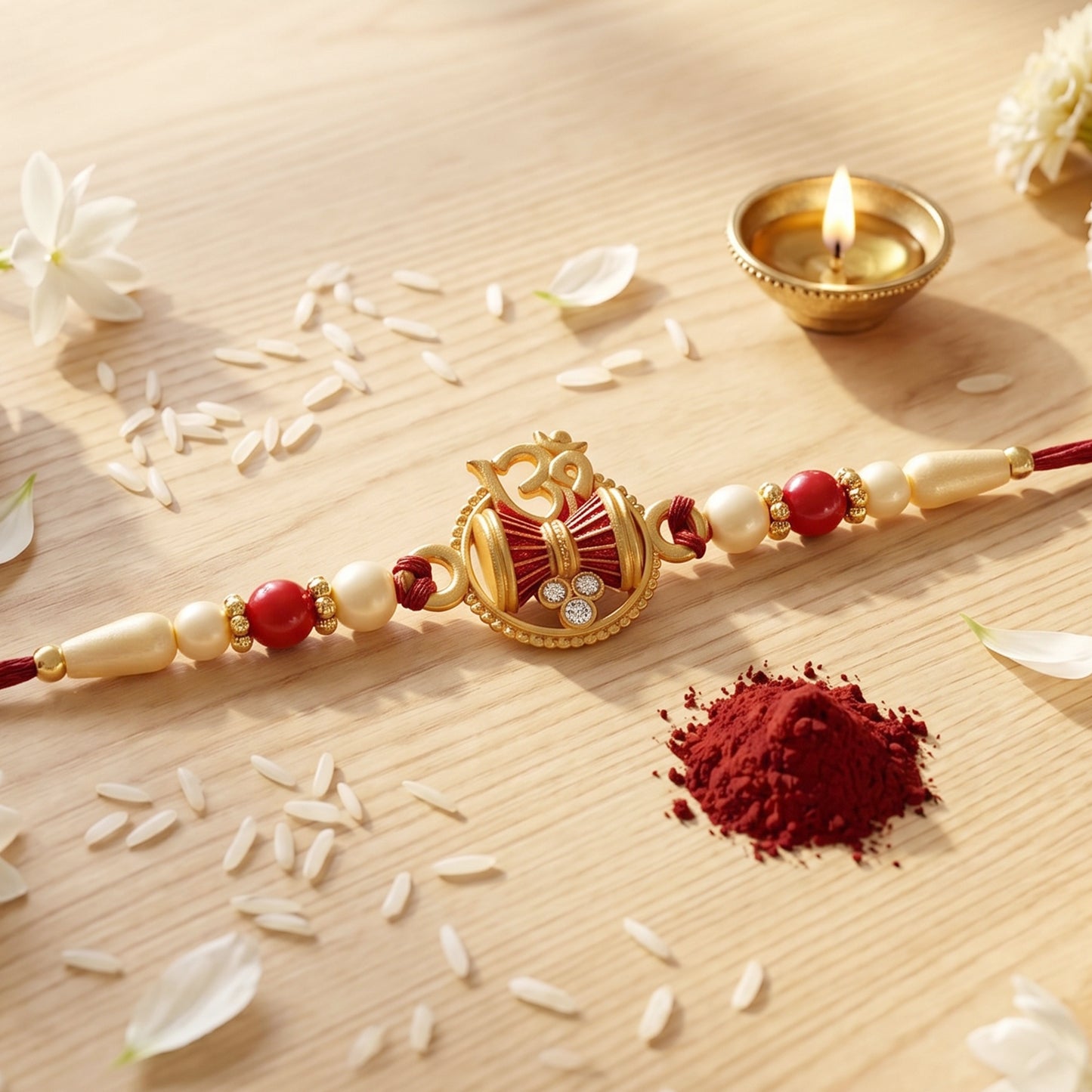 Golden Damru Om Rakhi for Boys with Red and White Beads