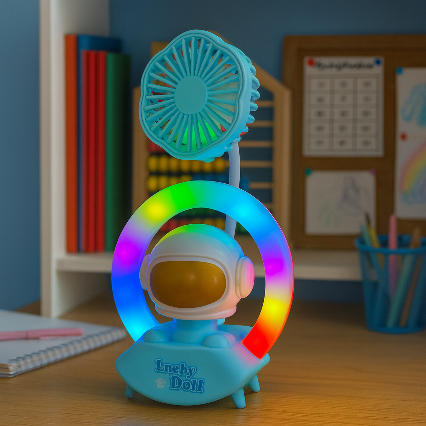 Lucky Doll Astronaut Desk Lamp with Fan, USB Rechargeable Colorful Night Light