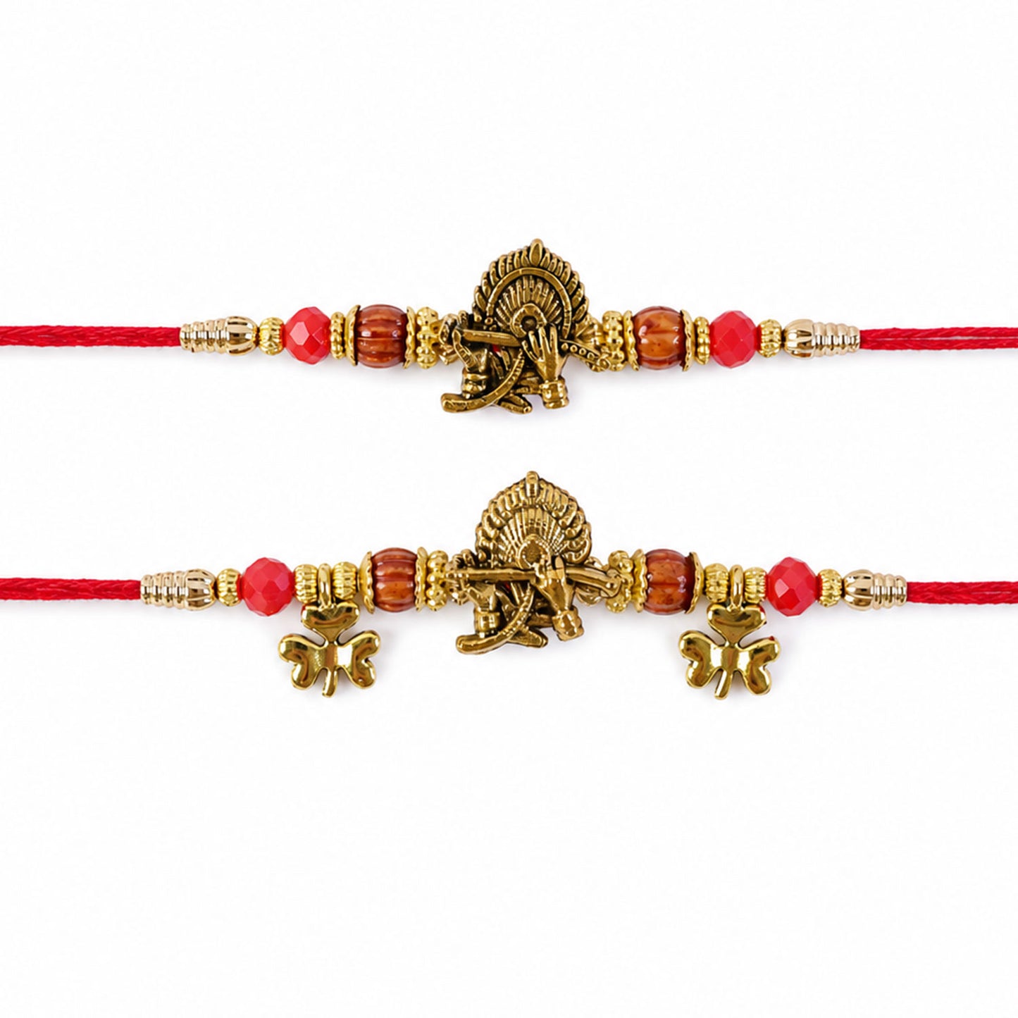 Flute Peacock Feather Rakhi Set with Wooden Beads for Festive Couple Gift Giving