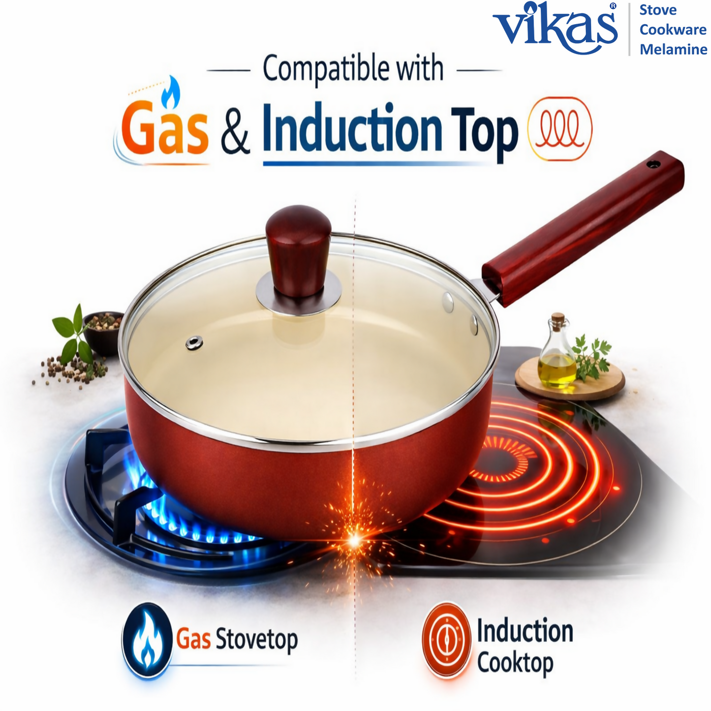 Close-up of Vikas ceramic frypan wooden handle and glass lid
