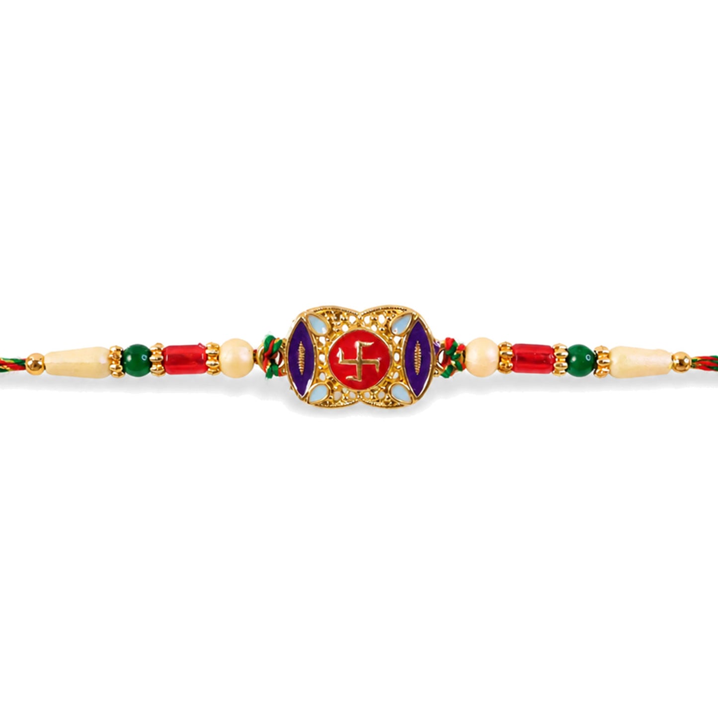 Festive Rakhi featuring Swastik Medallion and gold trims in display look for Gift Use