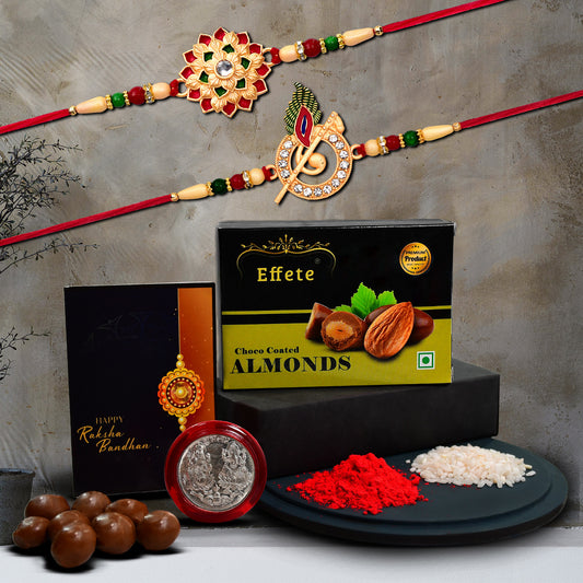 Traditional rakhi combo featuring designer Floral and Krishna flute rakhis with choco coated almonds
