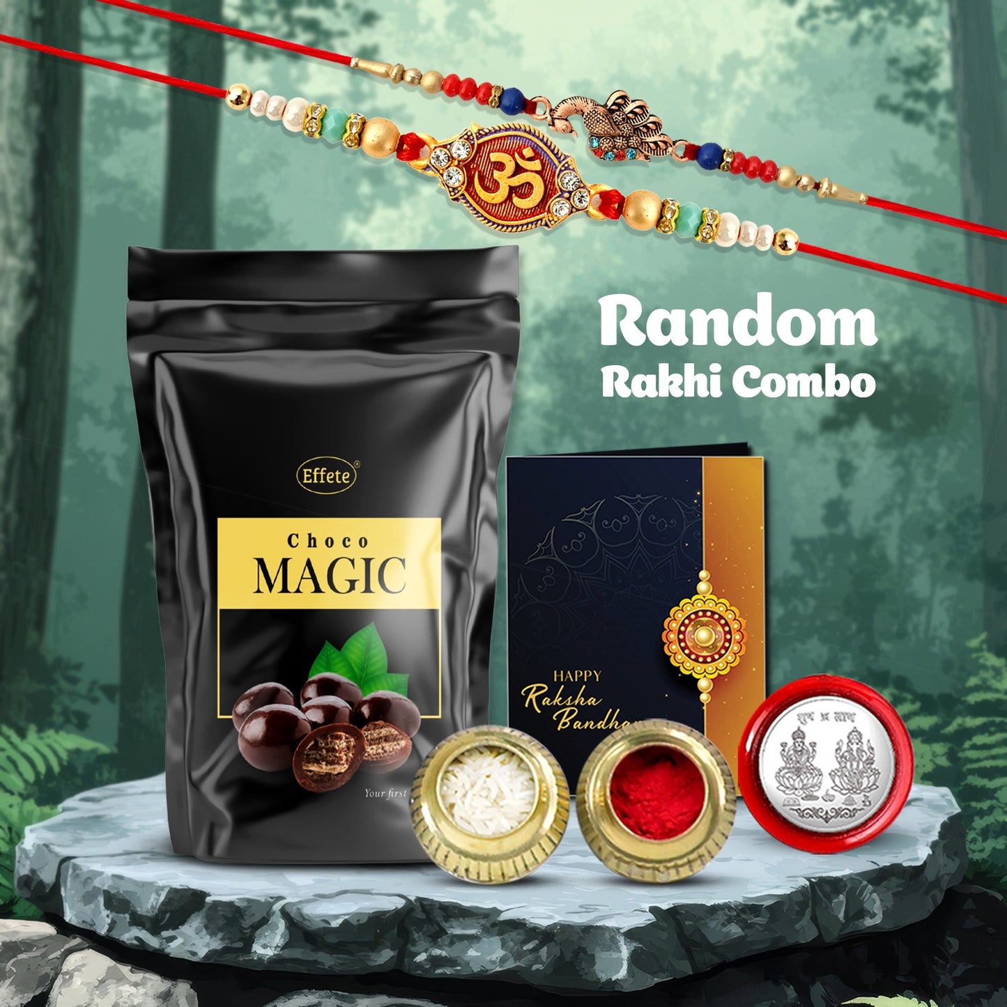 Choco Magic Zipper Pack with 2 Rakhi Combo, Coin, Roli Chawal & Raksha Bandhan Greeting Card