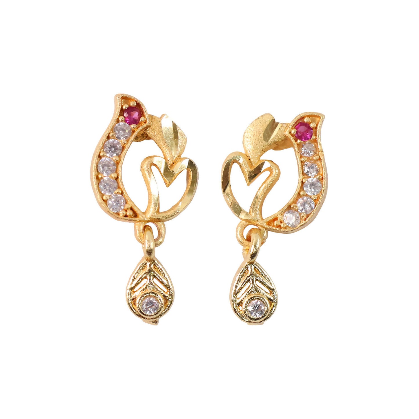 Artistic Leaf Motif Gold Stud Earrings With Crystal Highlights And Drop Finish