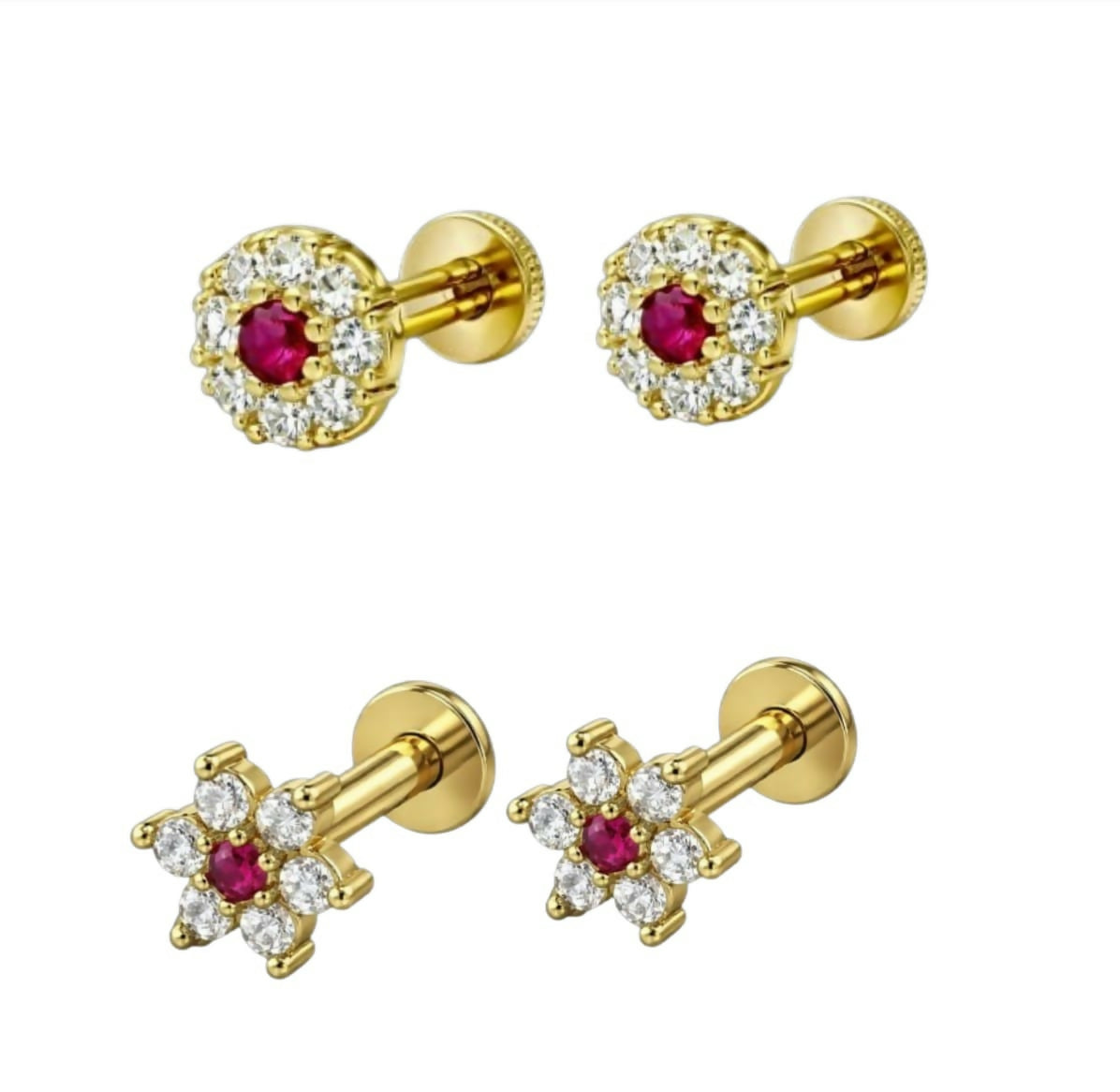 Close-up of gold plated ruby and diamond circular halo stud earrings showing sparkle