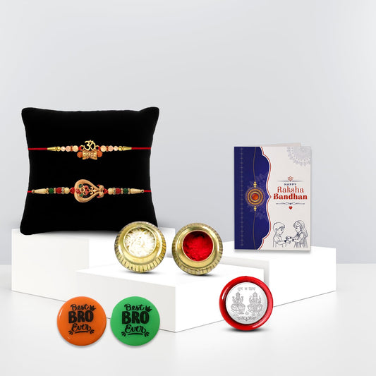 Rakhi set for brother with Om and Peacock rakhis, roli chawal, and silver pooja coin.