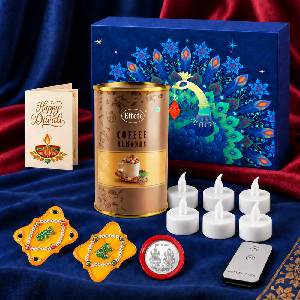 A blue box with a peacock design, a tin of coffee almonds, a Diwali card, six LED tealights, a remote, two Shubh – view 3