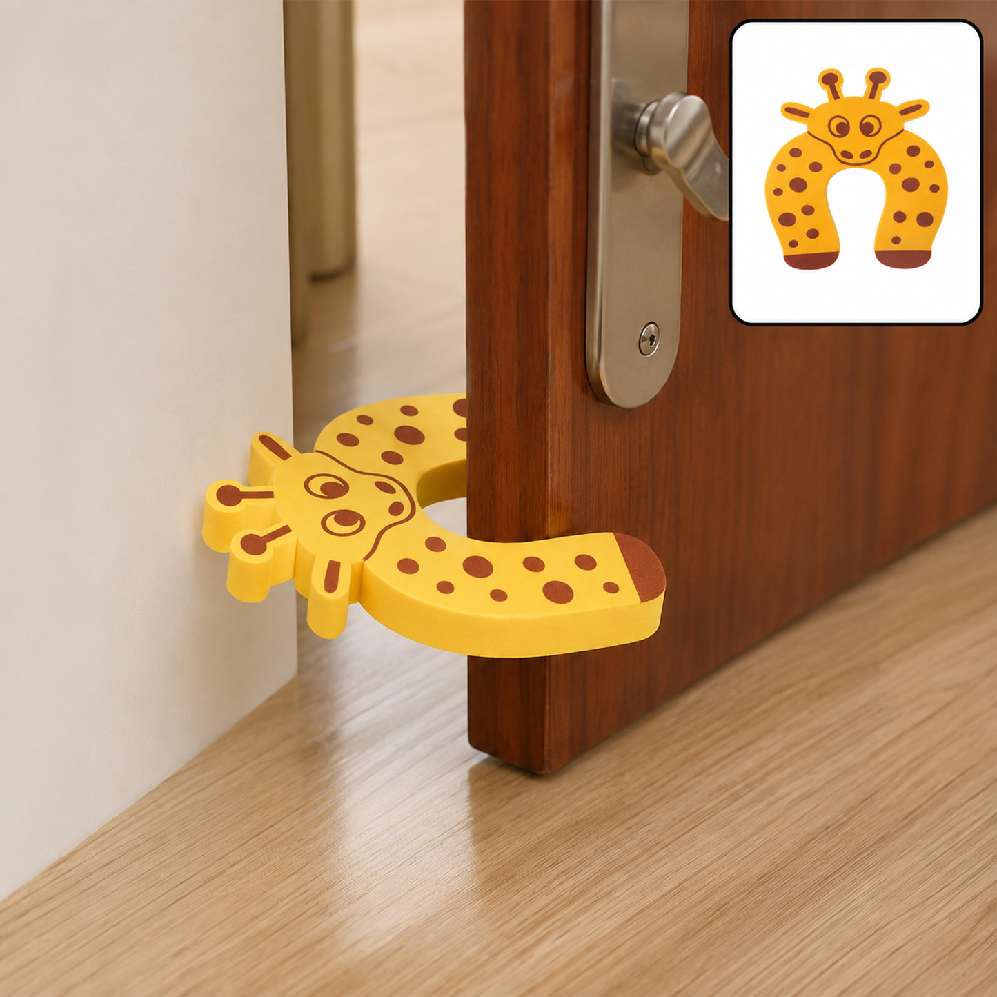 A yellow giraffe-shaped EVA door stopper is wedged on a brown door, preventing it from closing.