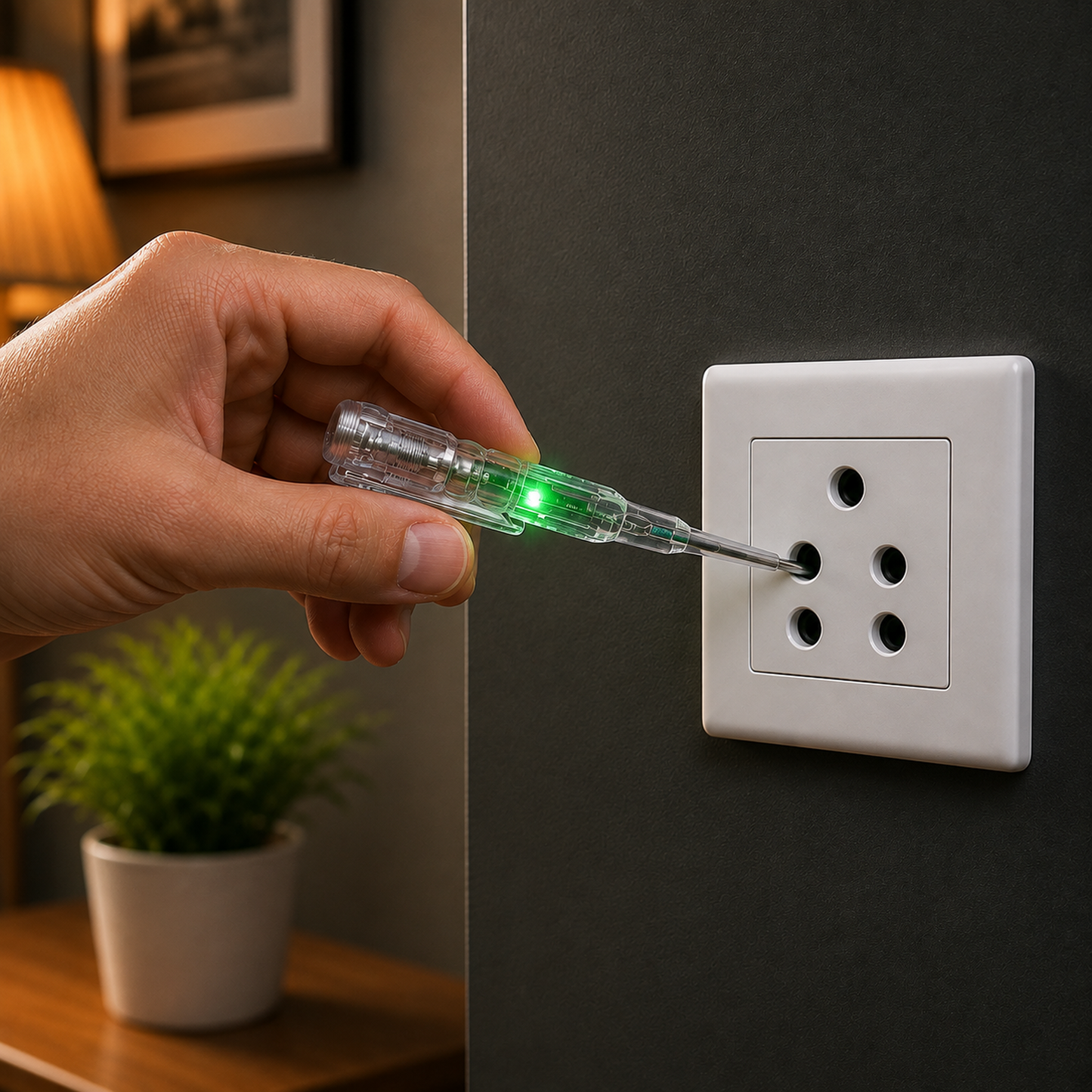 A hand holding a clear plastic voltage tester pen with a green light, testing a white electrical outlet on a dark wall.