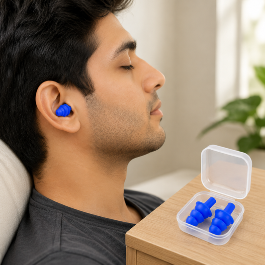 A man with closed eyes wears blue silicone earplugs while resting, with a clear case of earplugs on a table.