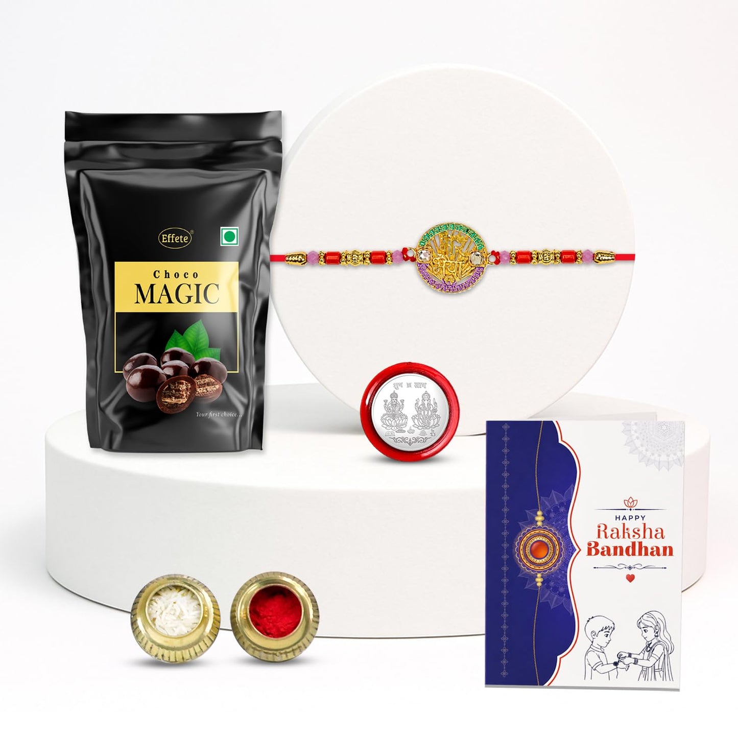 Designer Rakhi for Brother with Choco Magic Pouch, Roli Chawal & Card, Pack of 5