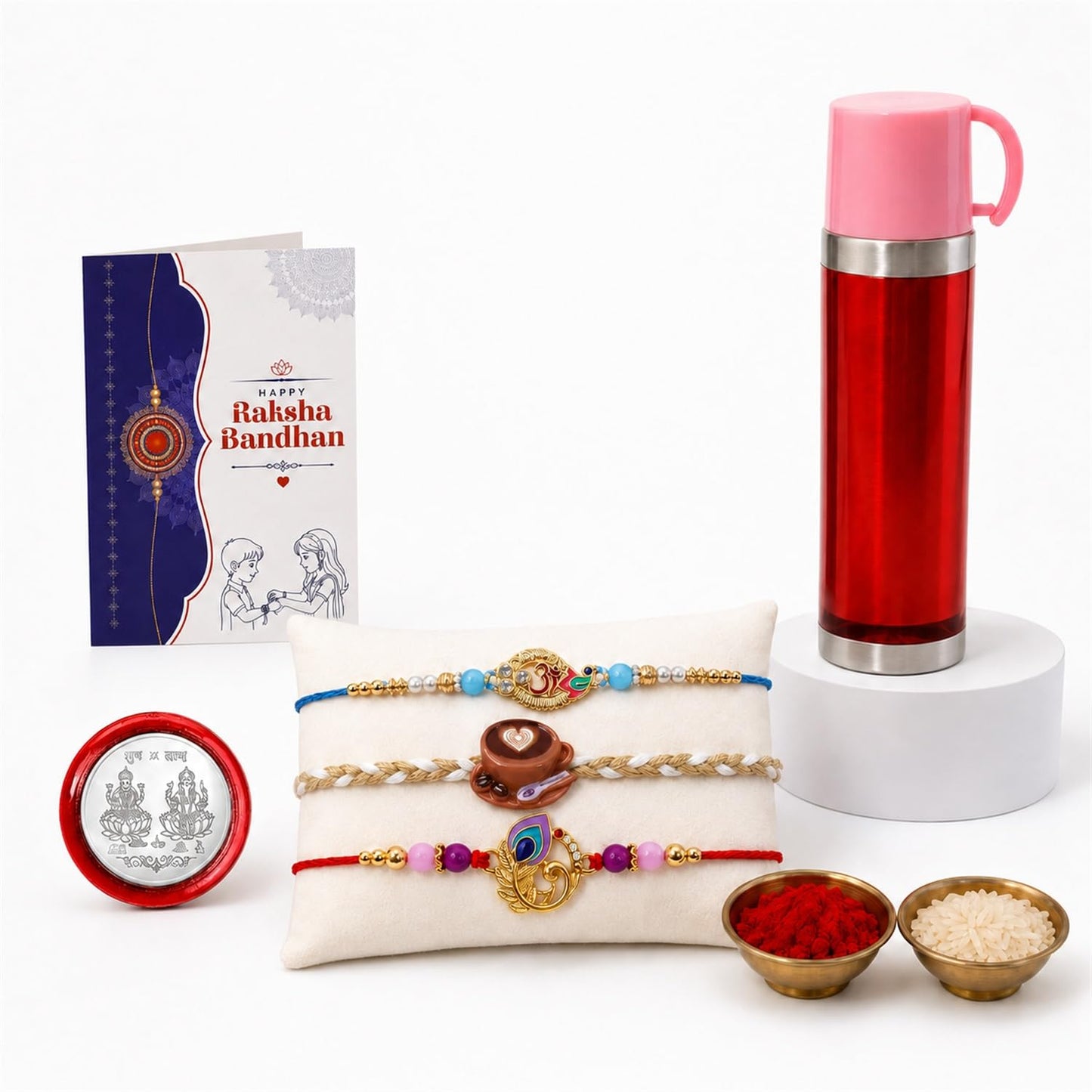 Coffee Cup, Peacock, Om Rakhi Combo - Raksha Bandhan Gift with Travel Mug 500ml for Bhaiya