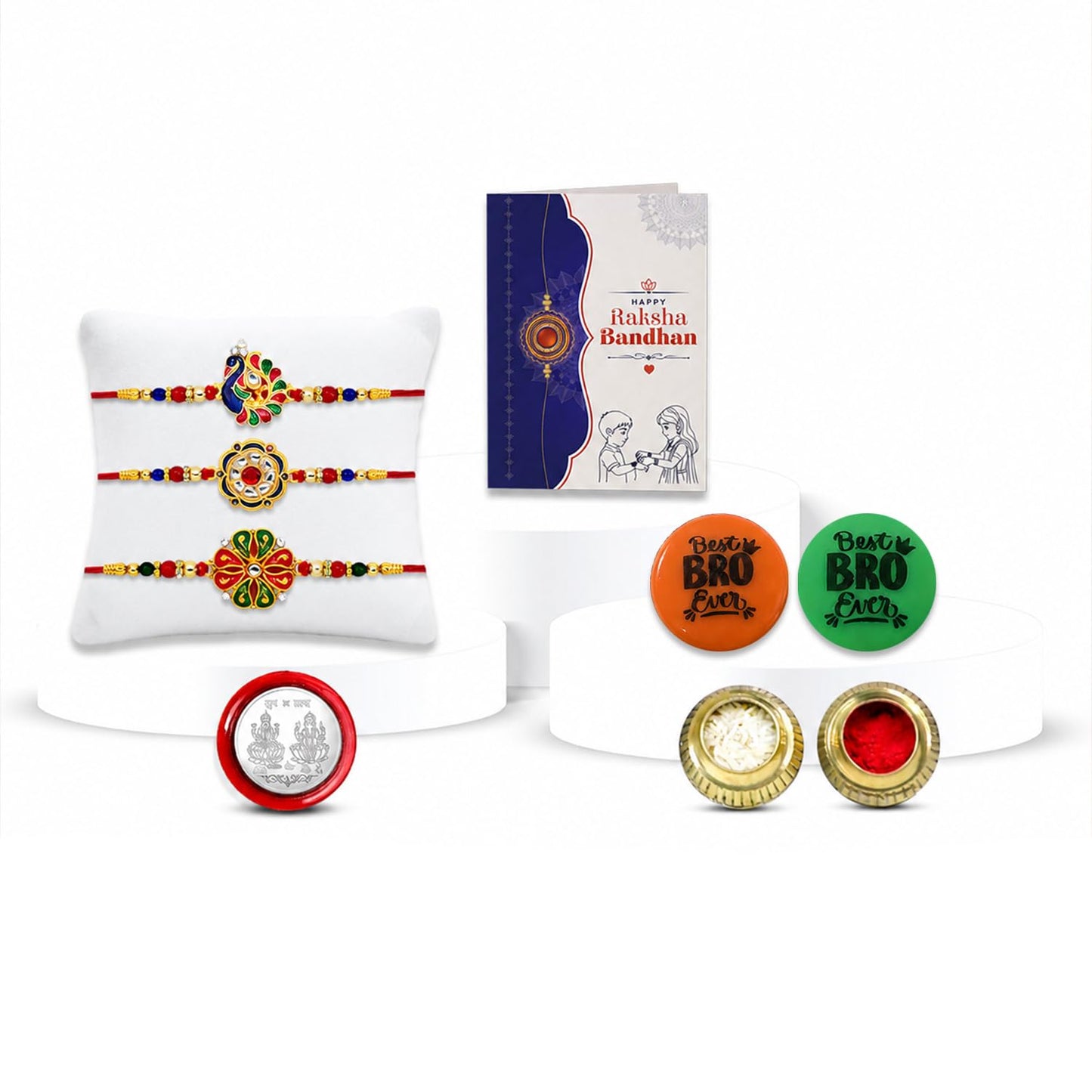 Rakhi Set for Brother (Set of 3) – Peacock & Elegant Rakhi Combo with Roli Chawal, Silver Color Coin, Multicolour Magnets & Greeting Card – Traditional Raksha Bandhan Gift Hamper for Bhai