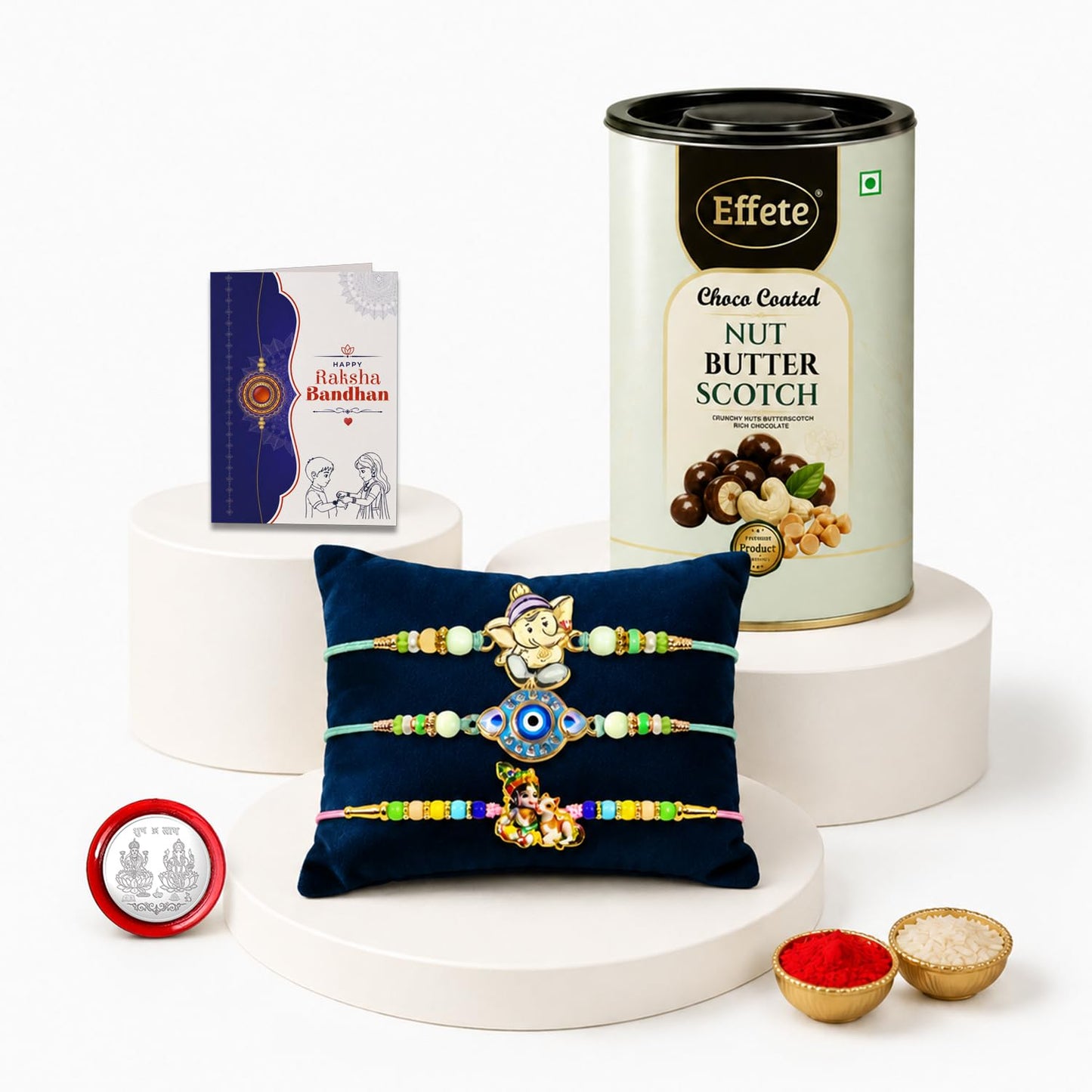 Ganesha Rakhi Combo - Raksha Bandhan Gift with Choco Butterscotch 96gm, Pack of 7