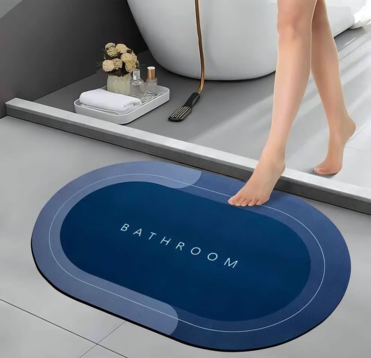 Anti-Slip Oval Bathroom Mat for Floor | Waterproof & Quick-Dry Soft Rubber Mat | Printed “BATHROOM” Design | Modern Anti-Skid Floor Mat for Bathroom, Bathtub, Toilet – Blue