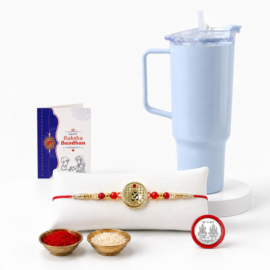 Om Multicolor Rakhi for Brother & Bhaiya with Travel Tumbler-1800ml | Pack of 5
