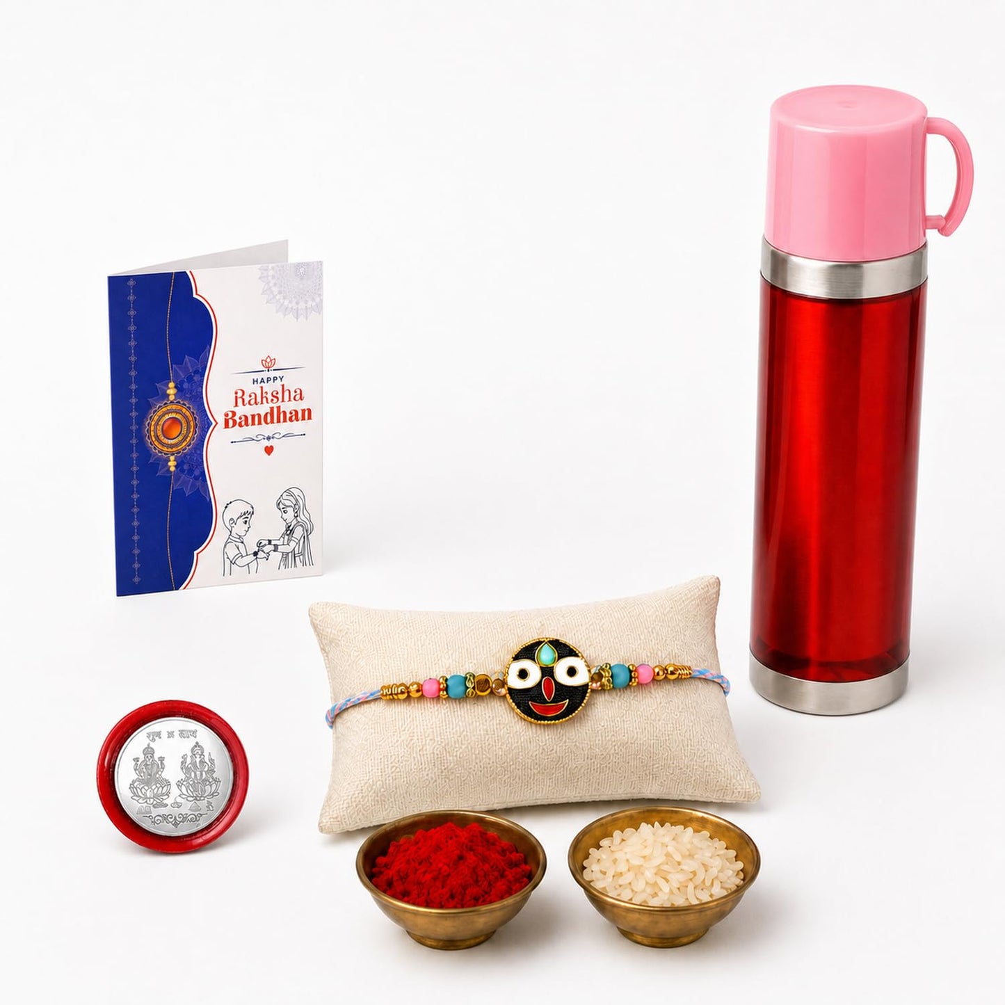 Lord Jagannath Rakhi Combo - Raksha Bandhan Gift with Travel Mug 500ml, Pack of 5