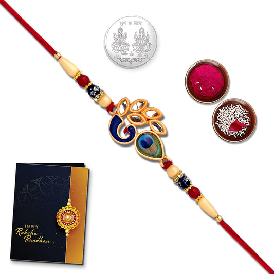 Multicolor Veera coded rakhi with silver color pooja coin and festive items