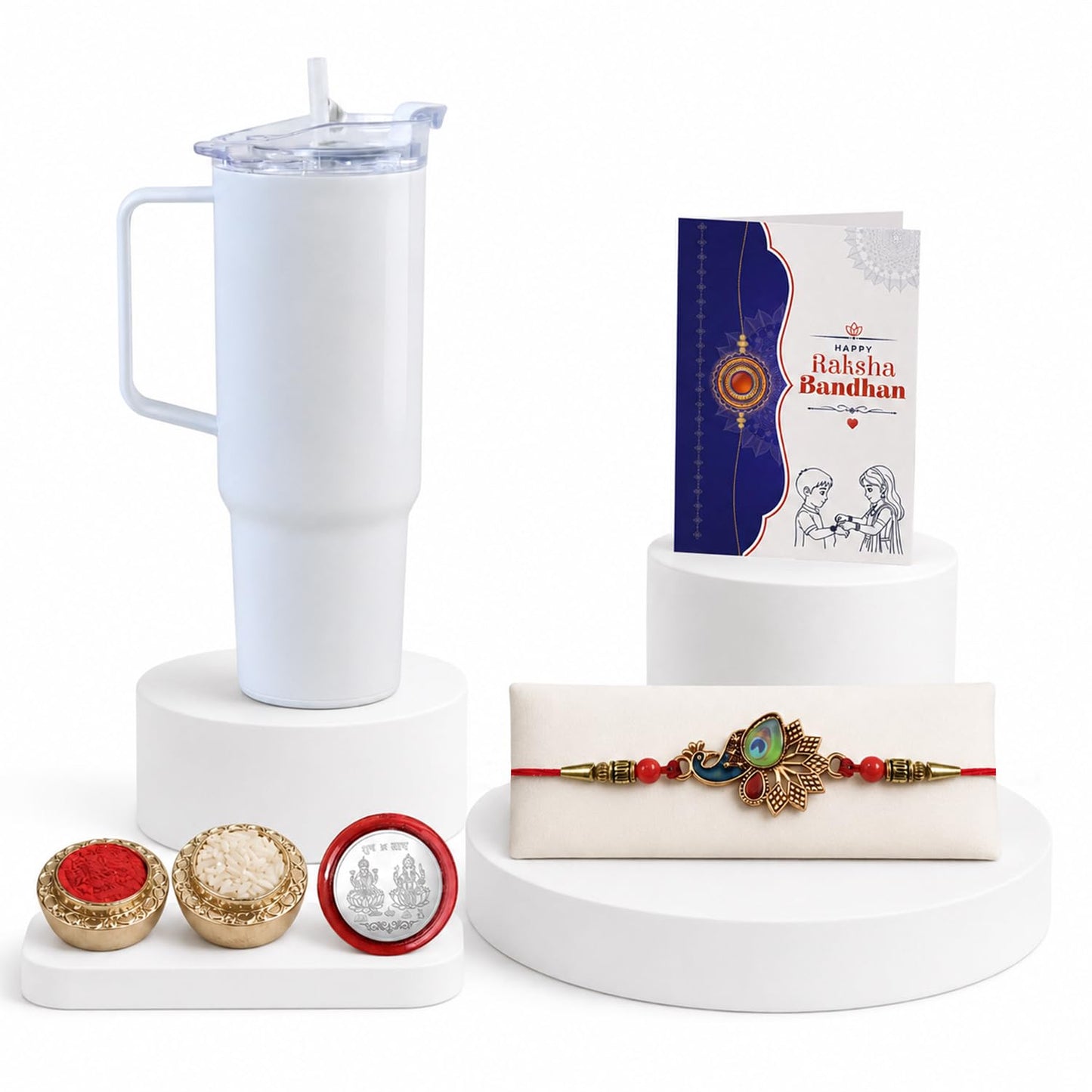 Peacock Rakhi for Brother with Travel Tumbler - Rakshabandhan Gift Set, Pack of 5