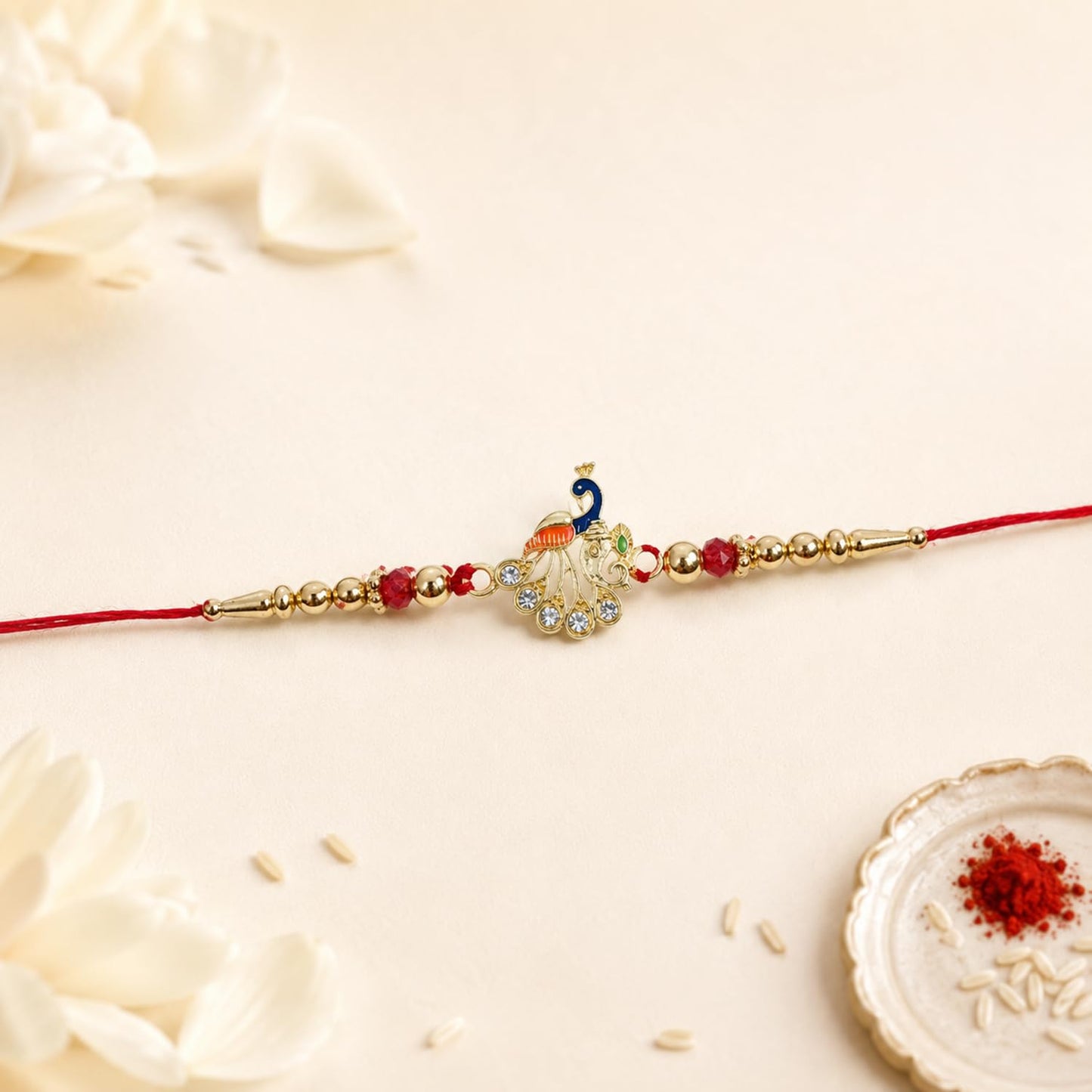 Peacock Rakhi for Brother with Strawberry Biscuit 60gm, Coin & Card, Pack of 5