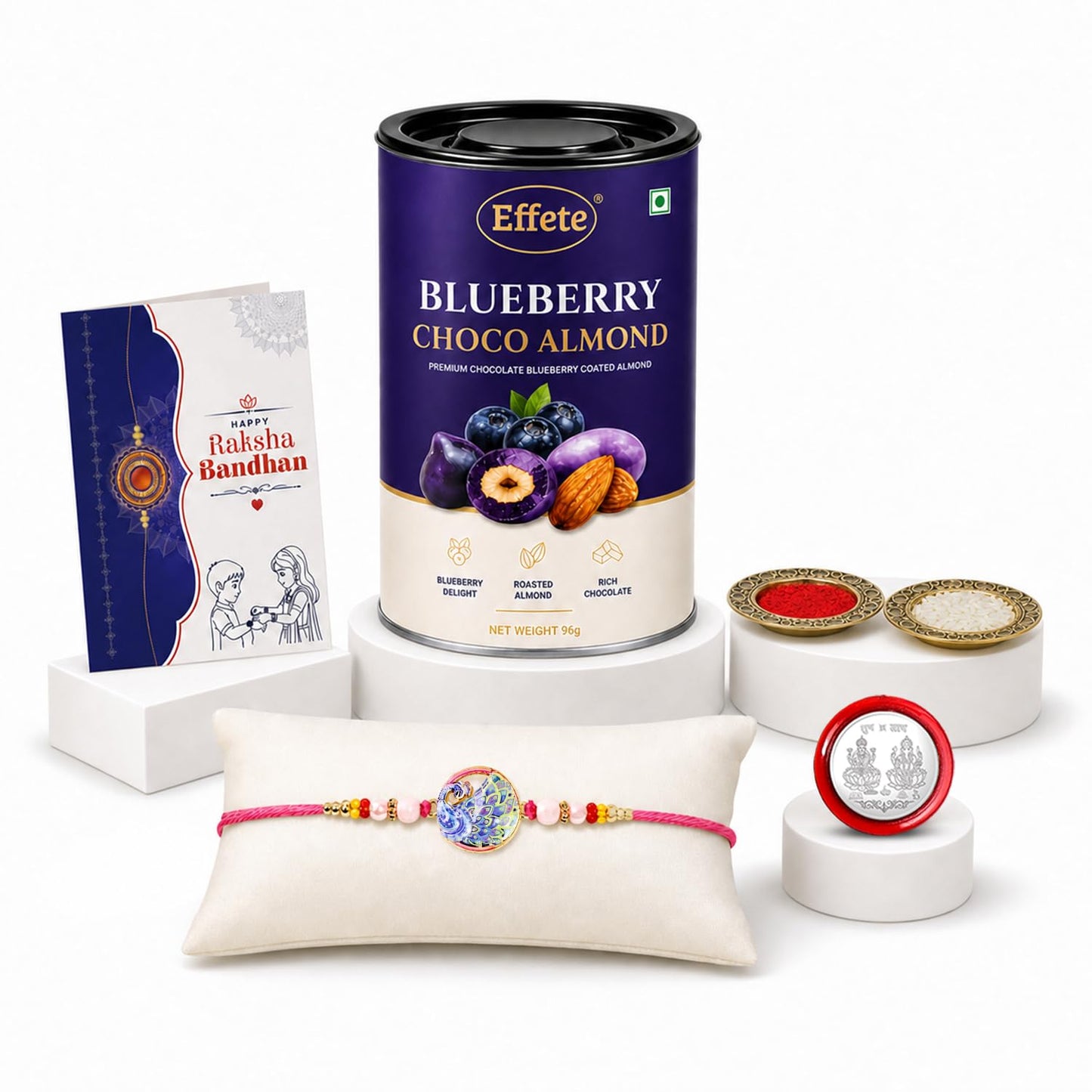 Peacock Rakhi for Brother with Blueberry Almond 96gm, Coin & Card | Pack of 5