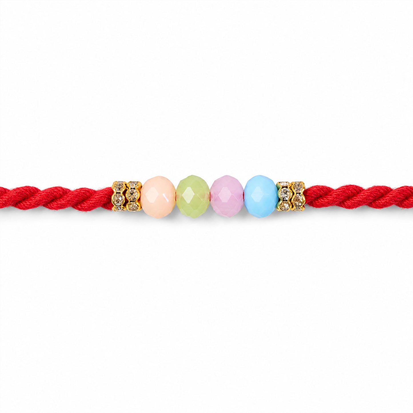 Red Twisted Cord Rakhi with Soft Pastel Multicolour Bead Accents
