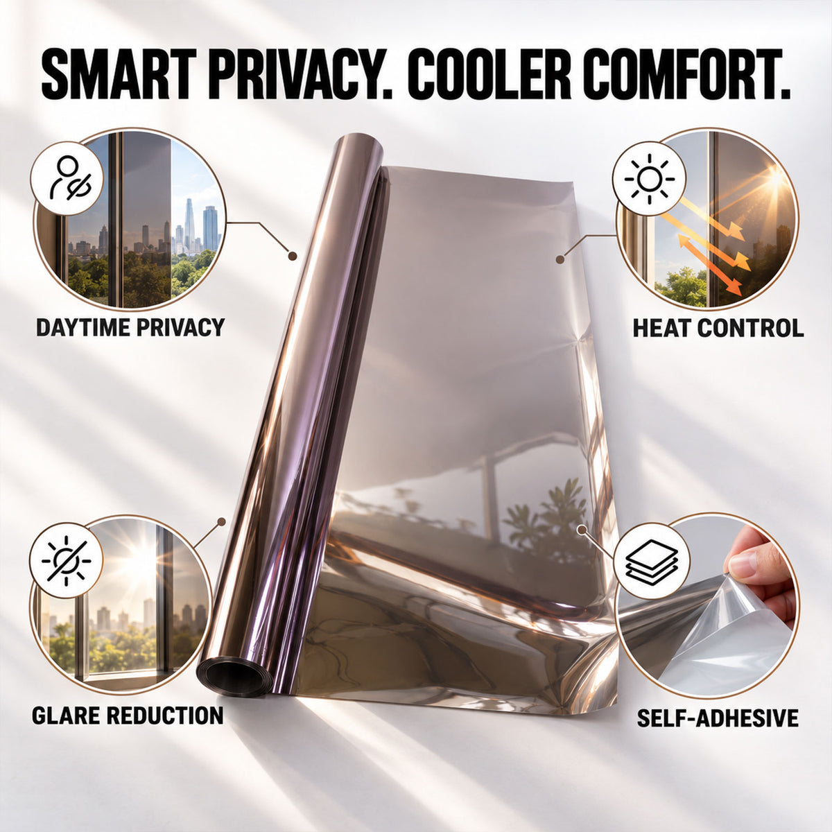 Roll of reflective film with four circular insets illustrating privacy, heat control, glare reduction, and self-adhesive