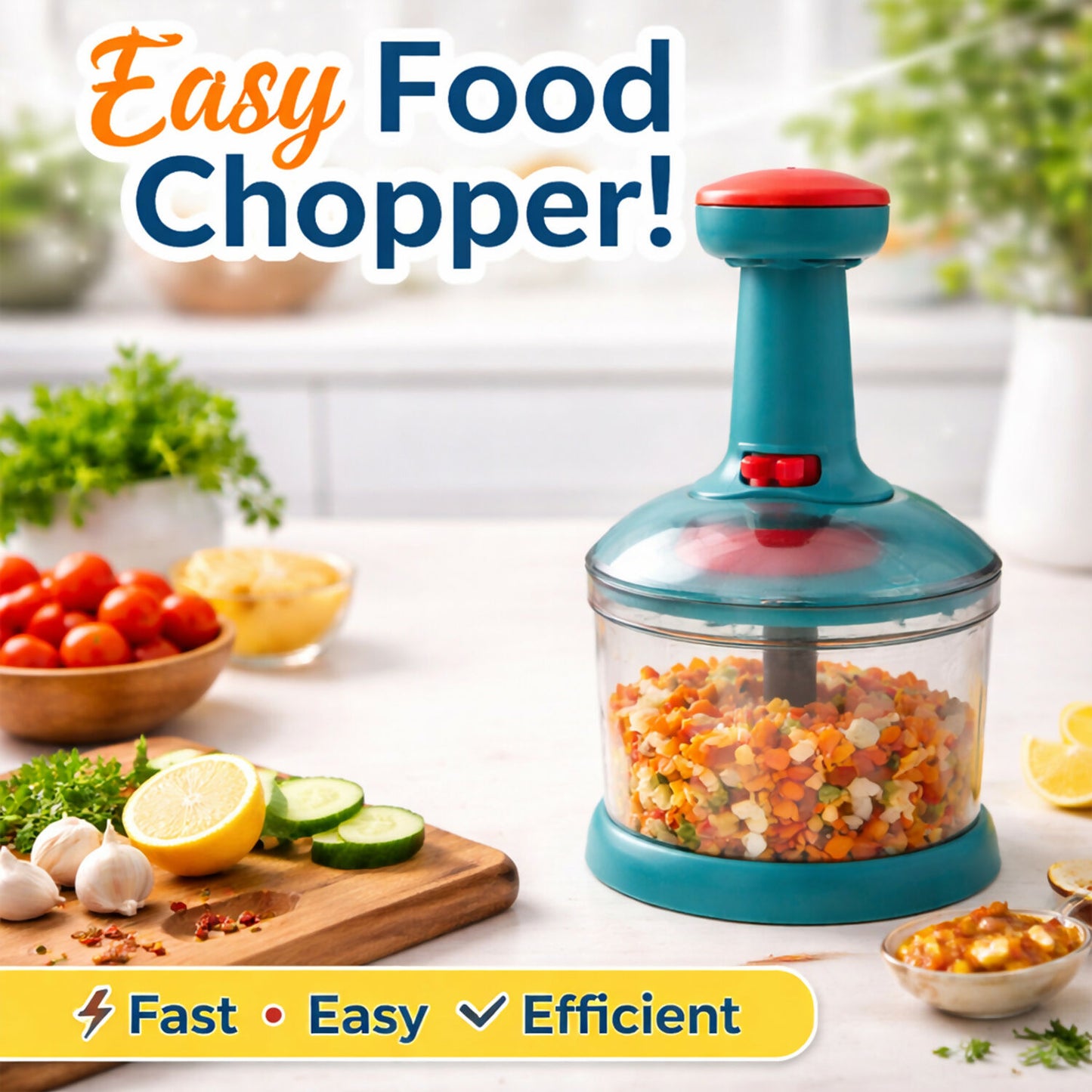 750ml Manual Push Chopper – Hand Press Vegetable Cutter & Food Processor for Onion, Garlic, Nuts & Salad