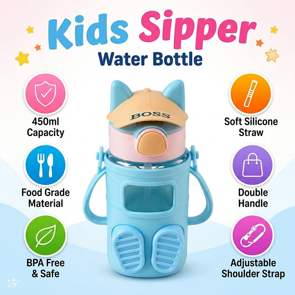 Kids Sipper Water Bottle with Straw, Dual Handles and Strap (450 ml, 1 Pc)