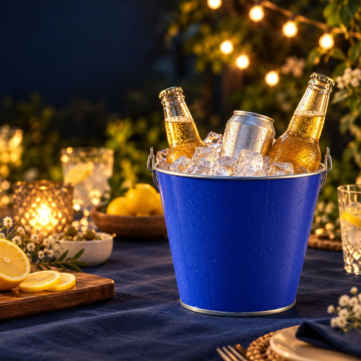 A blue metal bucket with ice and beverages on a dark blue tablecloth, with lemons, olives, and string lights in the