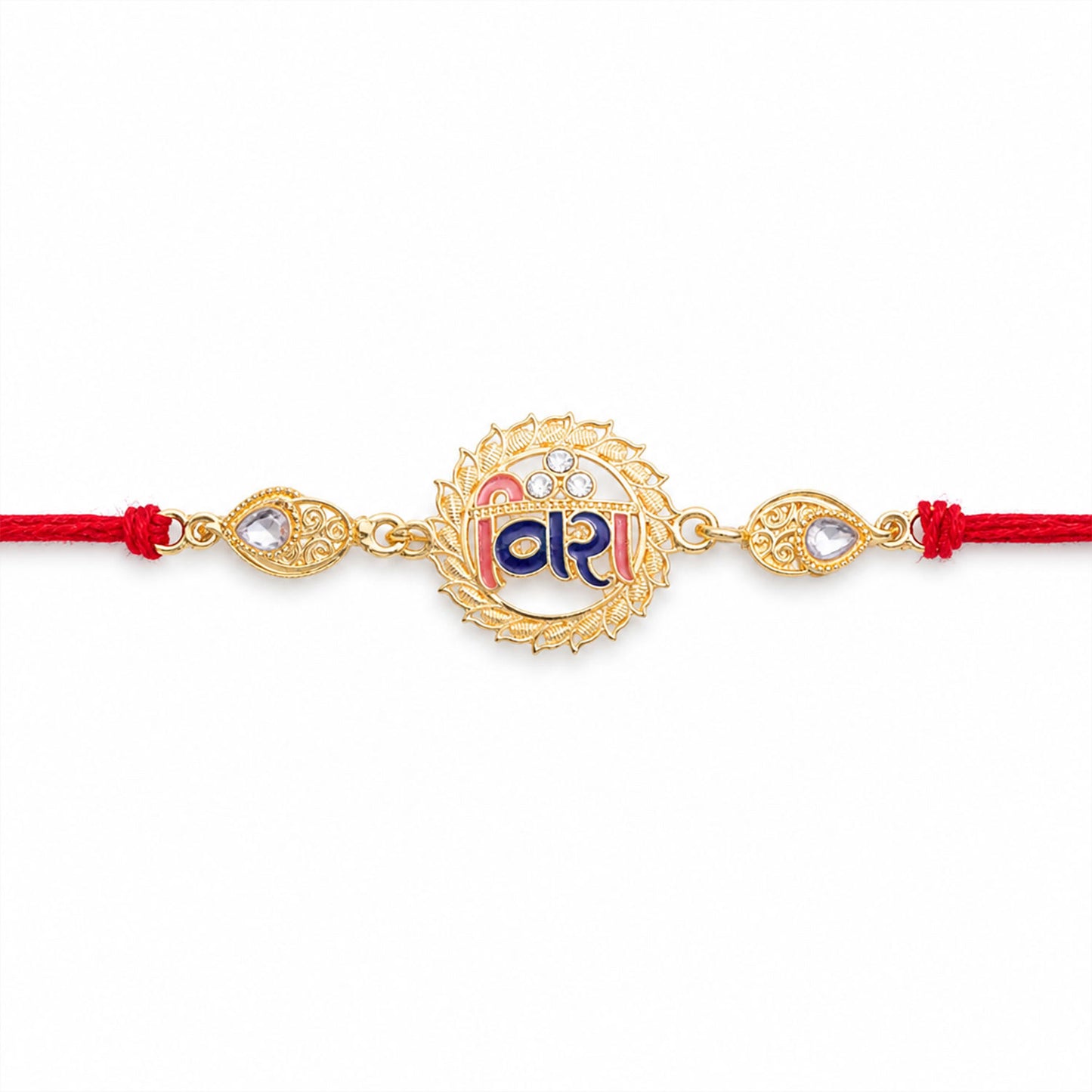 Antique Gold-Toned Vira Rakhi with Multicolor Enamel, Crystal Accents & Red Thread