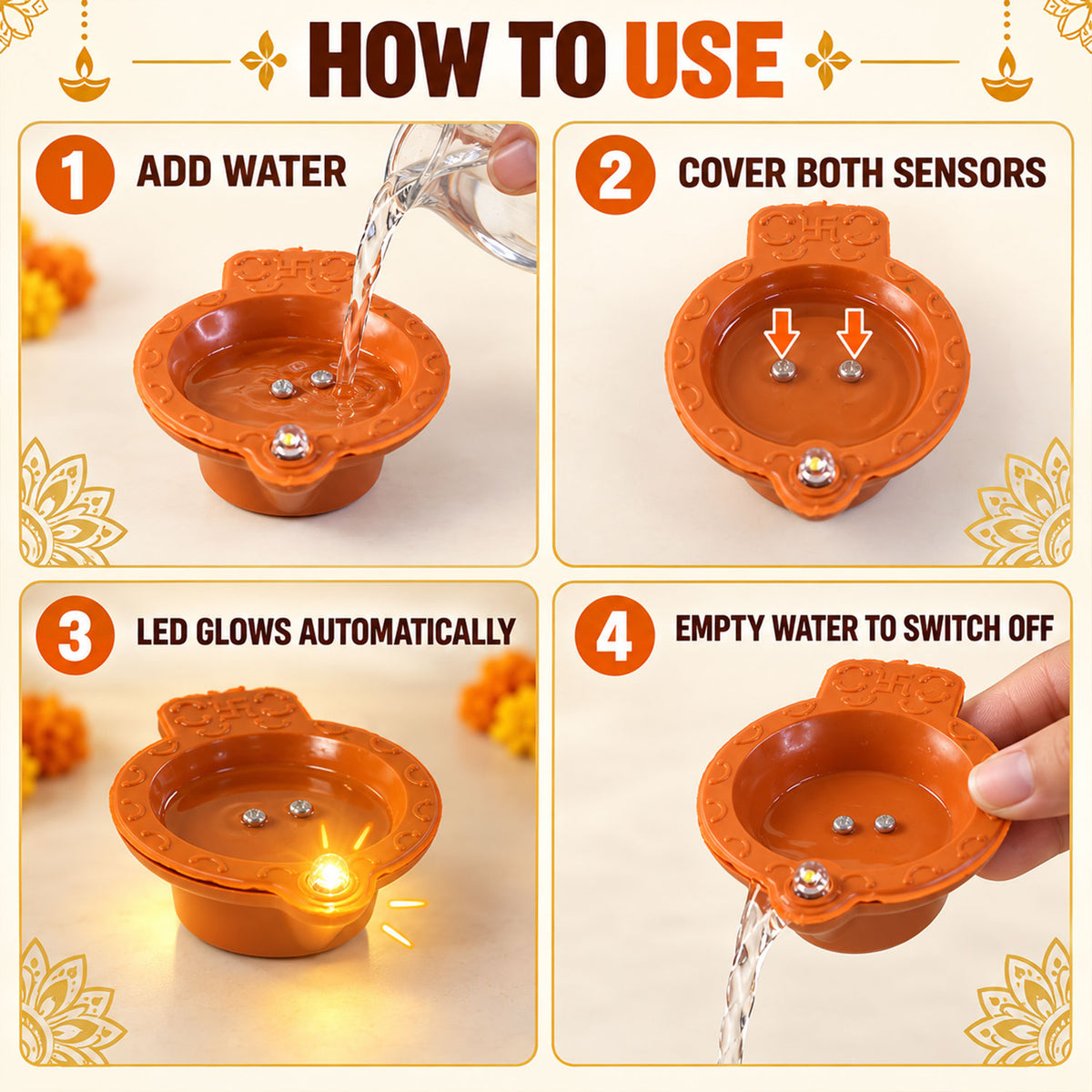Water sensor LED diya set - water activation instructions
