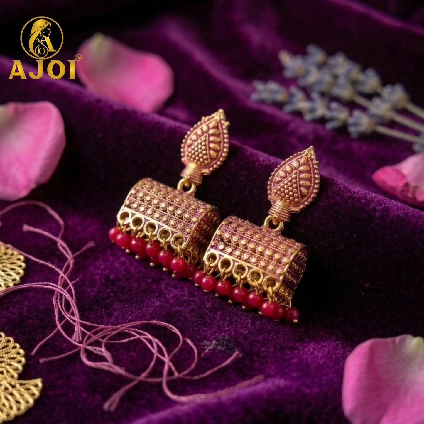 Antique Gold-Plated Leaf Design Jhumka Earrings with Pink Bead Drops