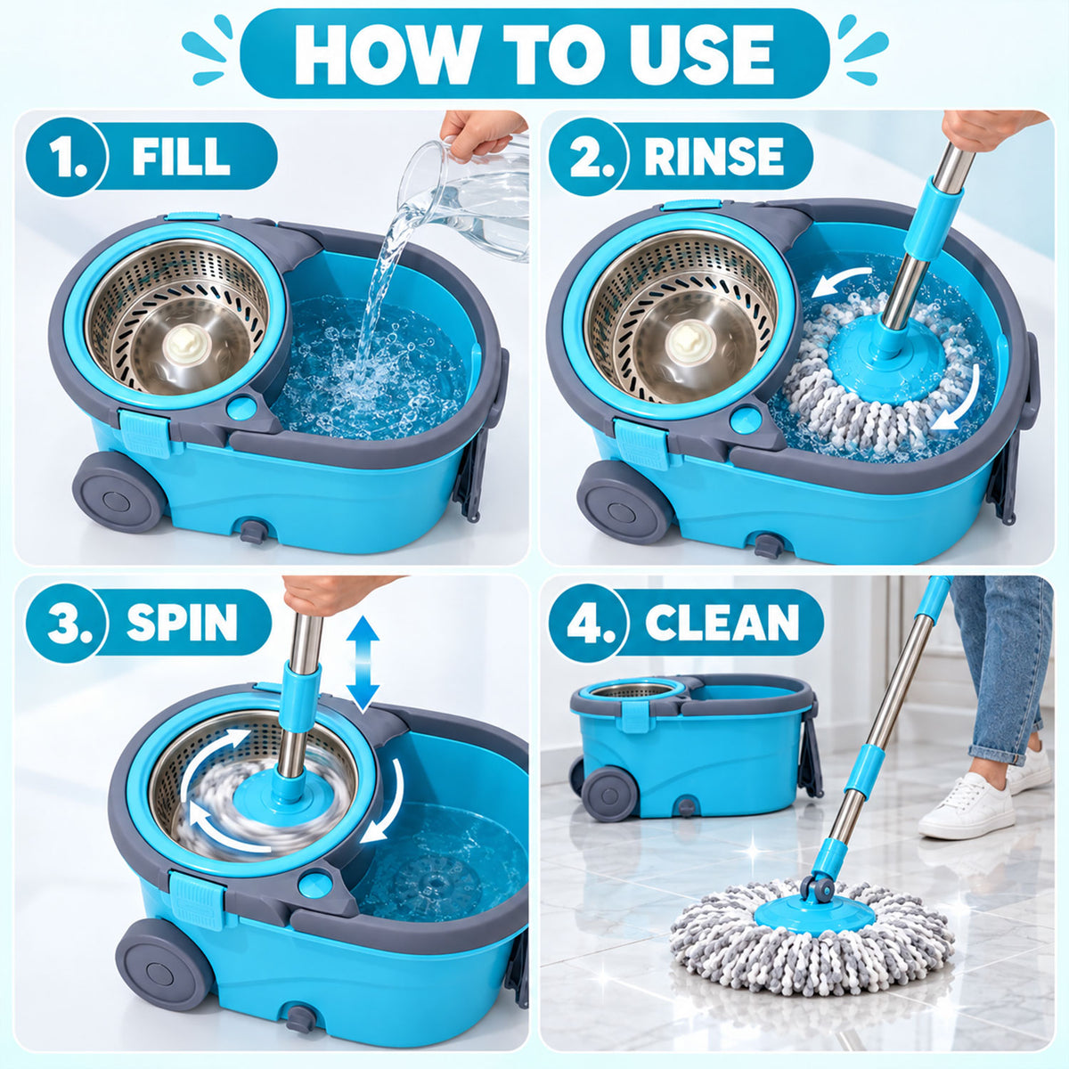 Spin Mop Bucket Set with Steel Wringer, Wheels and 2 Microfiber Refills
