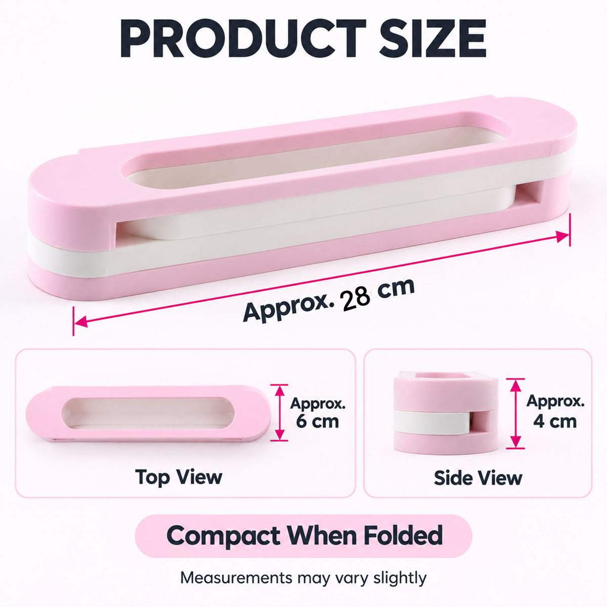 A pink and white shoe rack is shown with measurements for its folded and extended states.