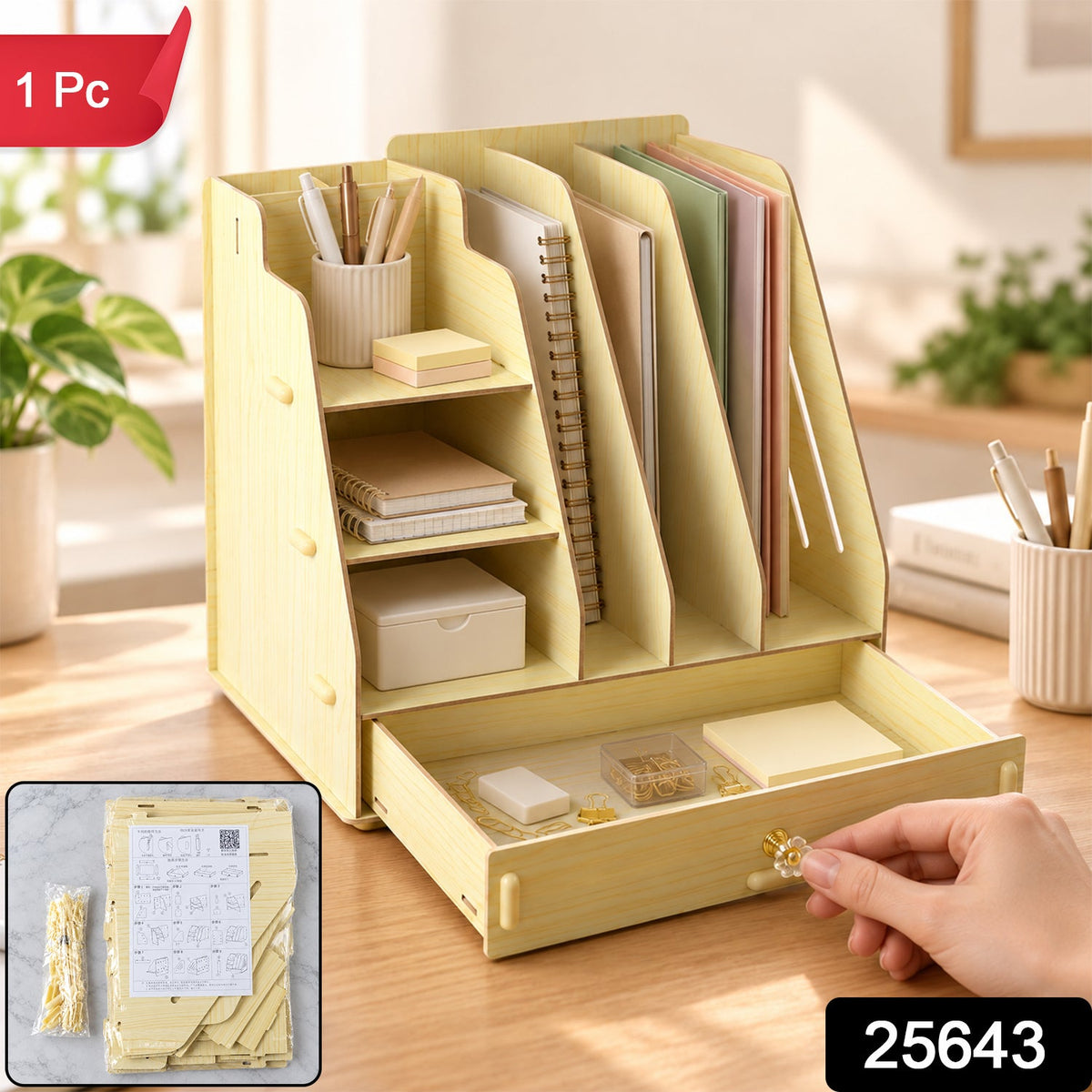 Light wood desk organizer filled with office supplies, an inset shows the unassembled components and instructions.