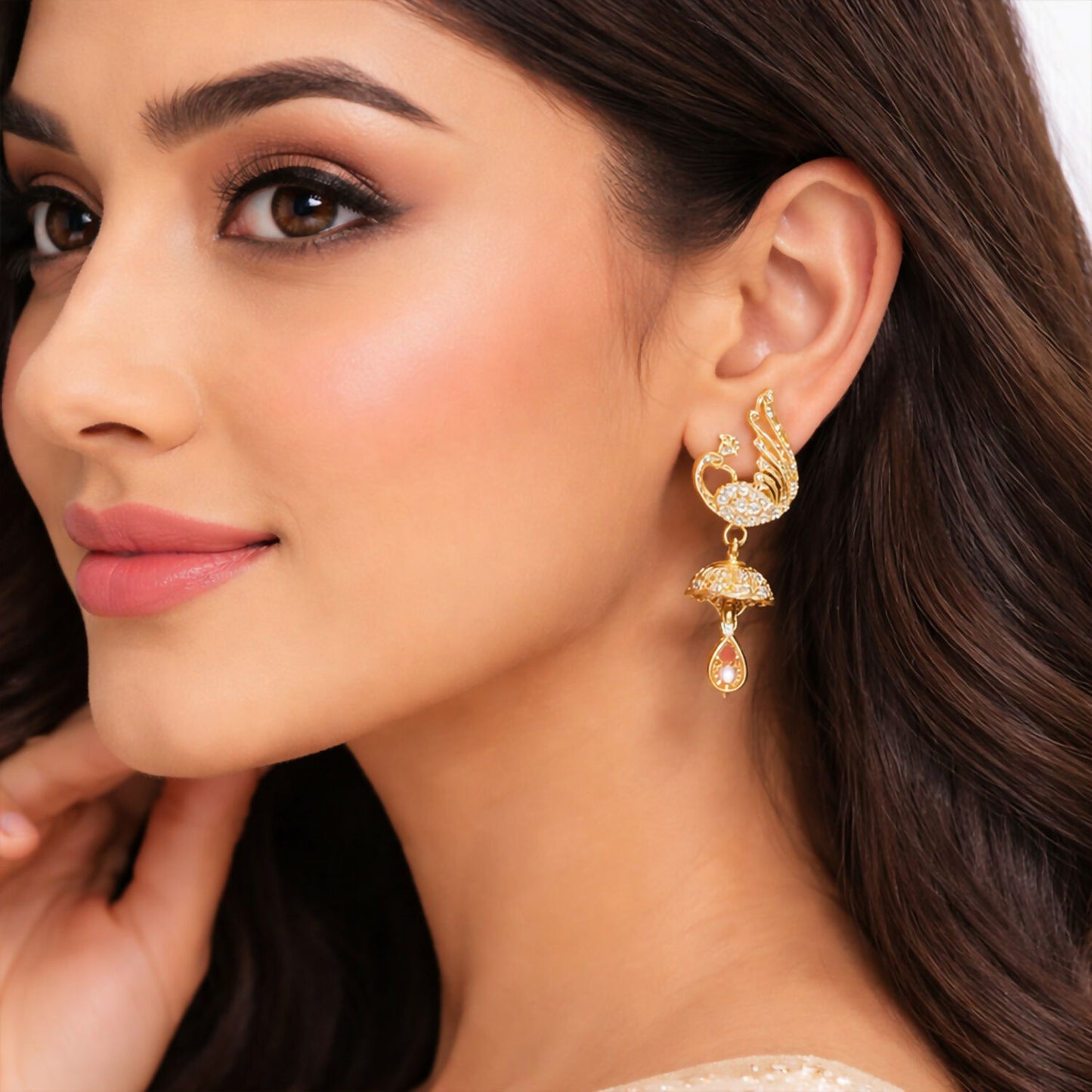 Gold-Tone Swan Design Crystal Studded Drop Earrings for Women