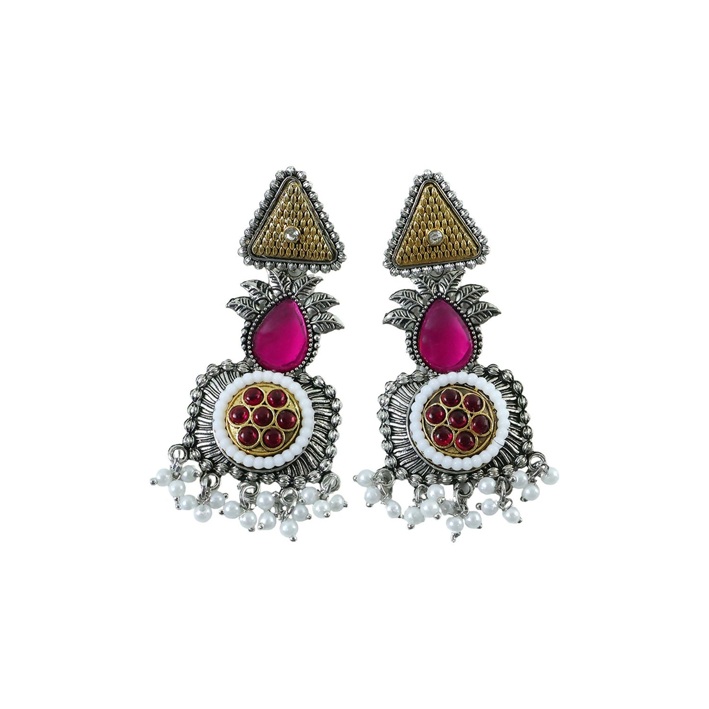 Traditional Oxidized Silver Earrings with Gold Tone Studs & Pearl Drop Fringe