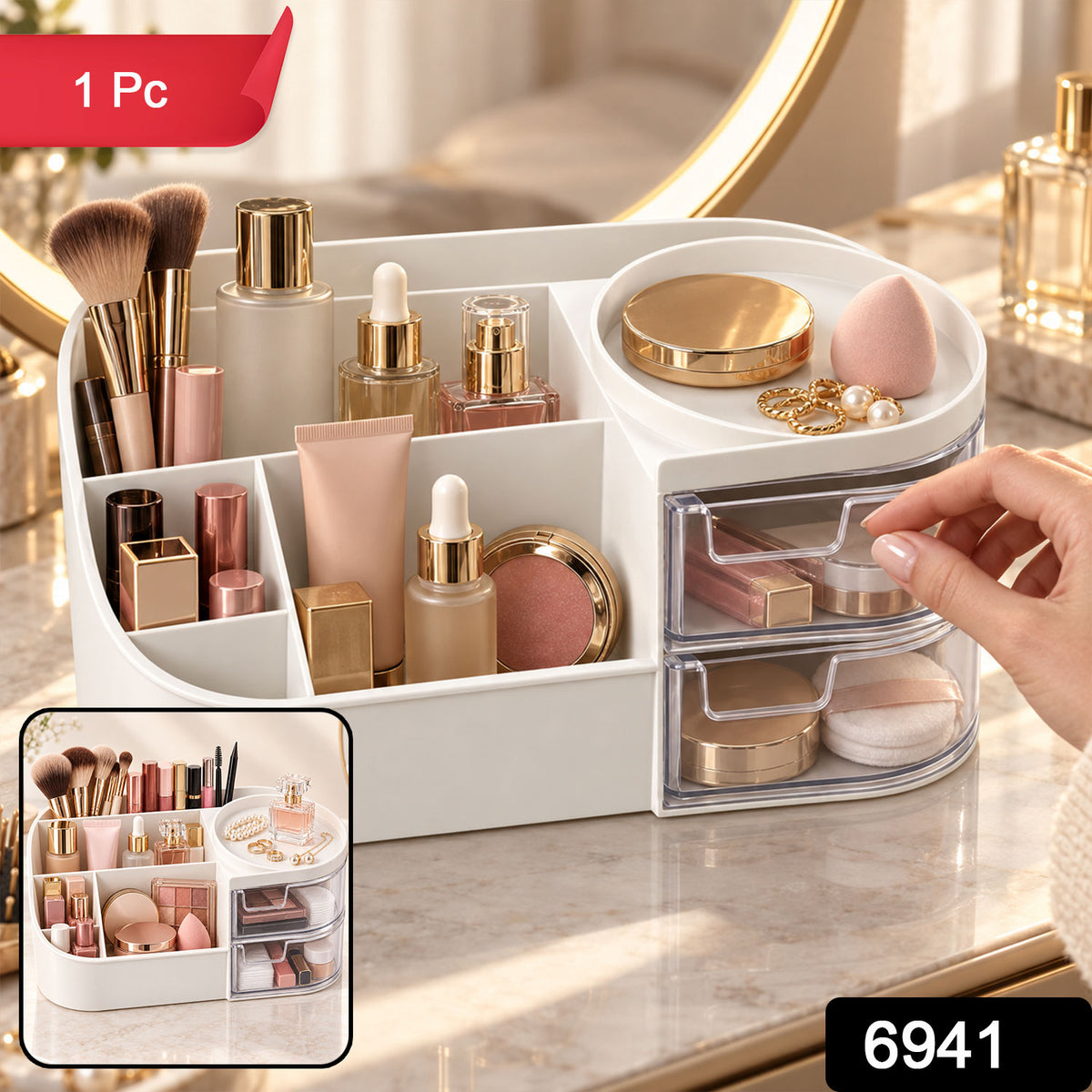 Vanity Organizer with Rotating Tray & Drawers for Easy Storage