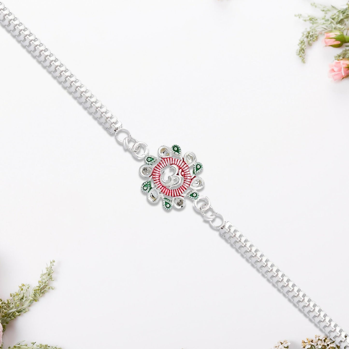 Om Rakhi Floral Design with Pink Green Accents for Raksha Bandhan (10pcs)