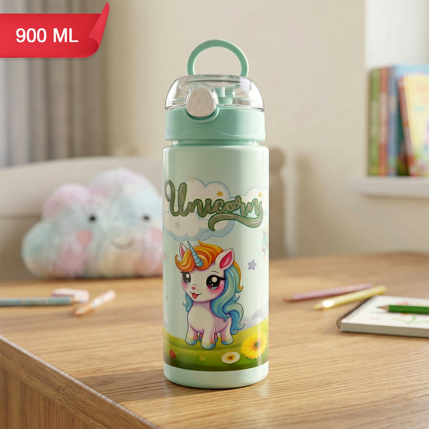 Kids unicorn Water Bottle with Straw Leak Proof BPA Free Sipper (900 Ml)