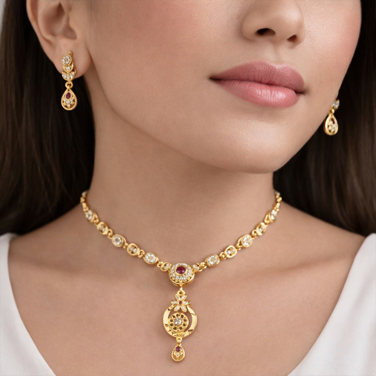 Stylish Gold-Tone Circular Pendant Necklace Set with Floral Accent & Matching Earrings