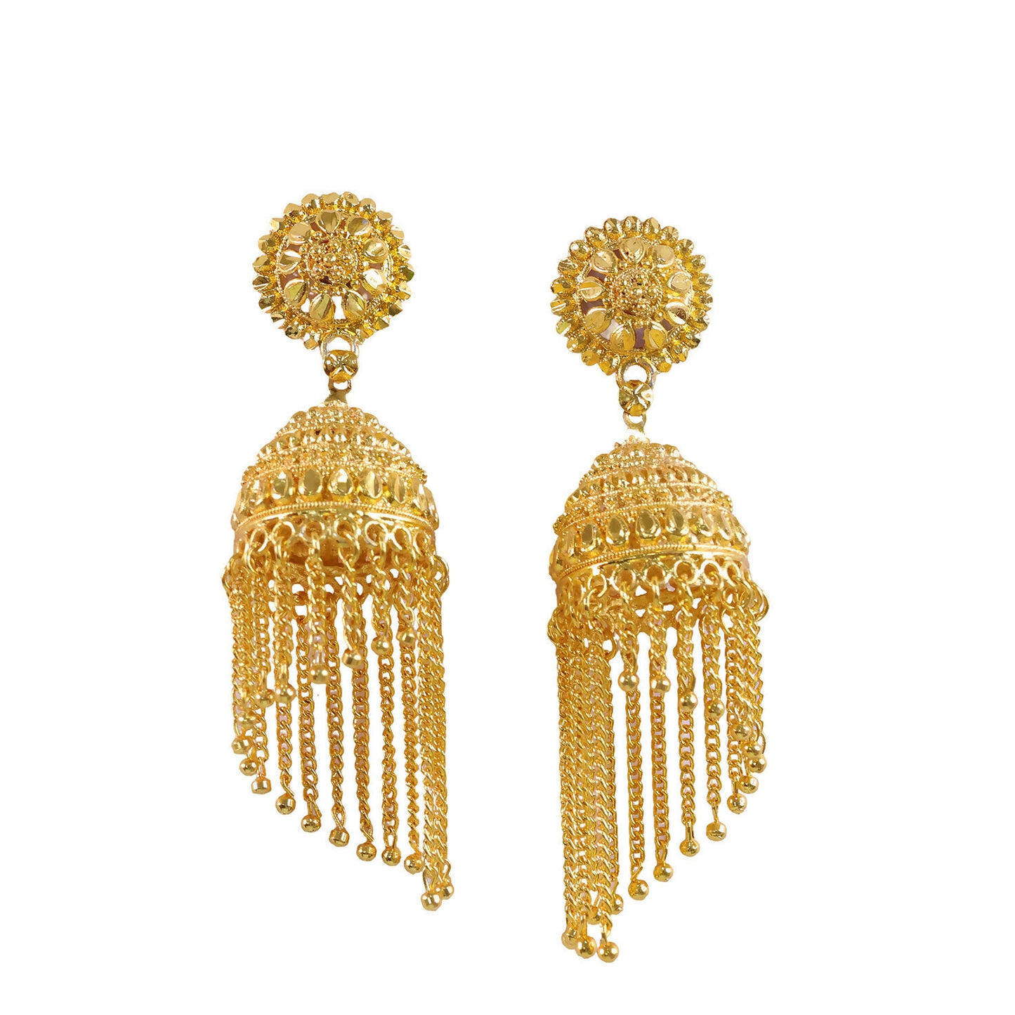 Traditional Gold Tone Jhumka Earrings with Red Bead Tassel Design For Woman And Girl