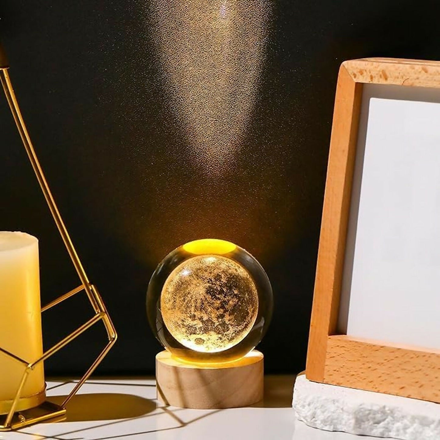 3D Crystal Moon Night Lamp with Wooden Base, USB Powered Decorative Light