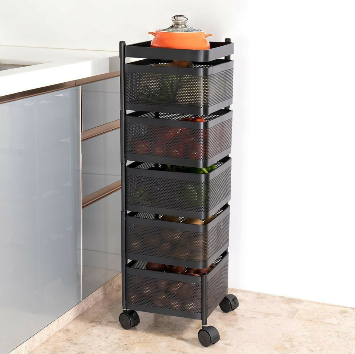 Square 5-Layer Stainless Steel Kitchen Trolley with Four Mesh Baskets & 360° Wheels