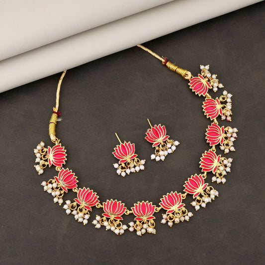 Traditional Gold & Pink Enamel Lotus Choker Set