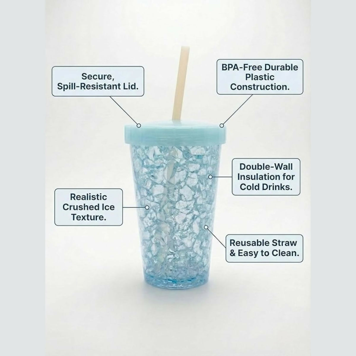 A light blue plastic tumbler with a straw and lid, showing features like spill-resistant lid and crushed ice texture.