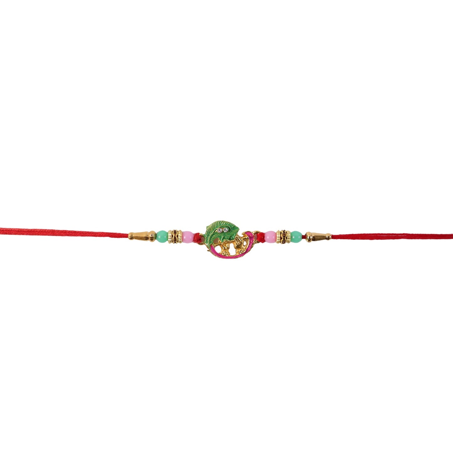 Top view of Mini Krishna Peacock Leaf Designer Rakhi