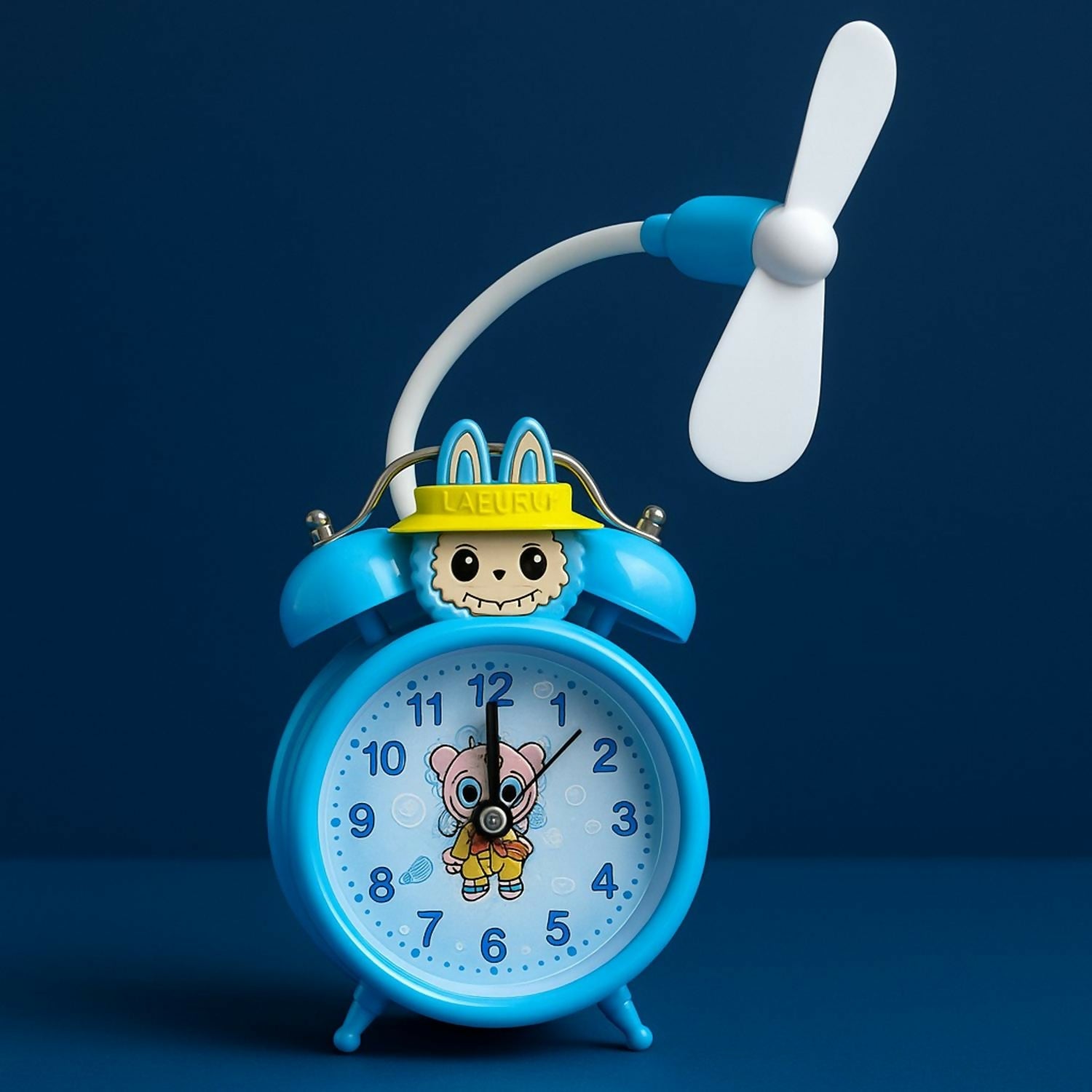 Cute Cartoon Character Alarm Clock with Cooling Fan | Dual Bell Retro Kids Table Clock | Loud Alarm, Battery Operated, Decorative Bedside Clock for Study, Bedroom & Gifts – Blue