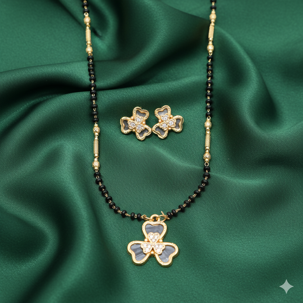 Gold-Plated AD Floral Mangalsutra Set with Clover Stud Earrings for women
